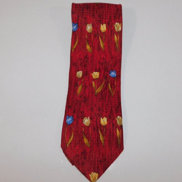 Paulo Visari Mens 100% Silk Neck Tie Made in Italy Red Floral Tulips - Picture 1 of 5